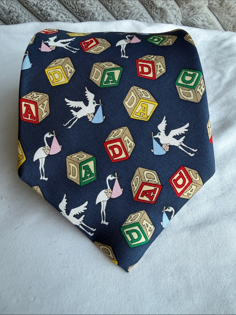 Vintage alynn Men’s Navy Blue Baby Shower  “New Father” Tie with Stork & Blocks